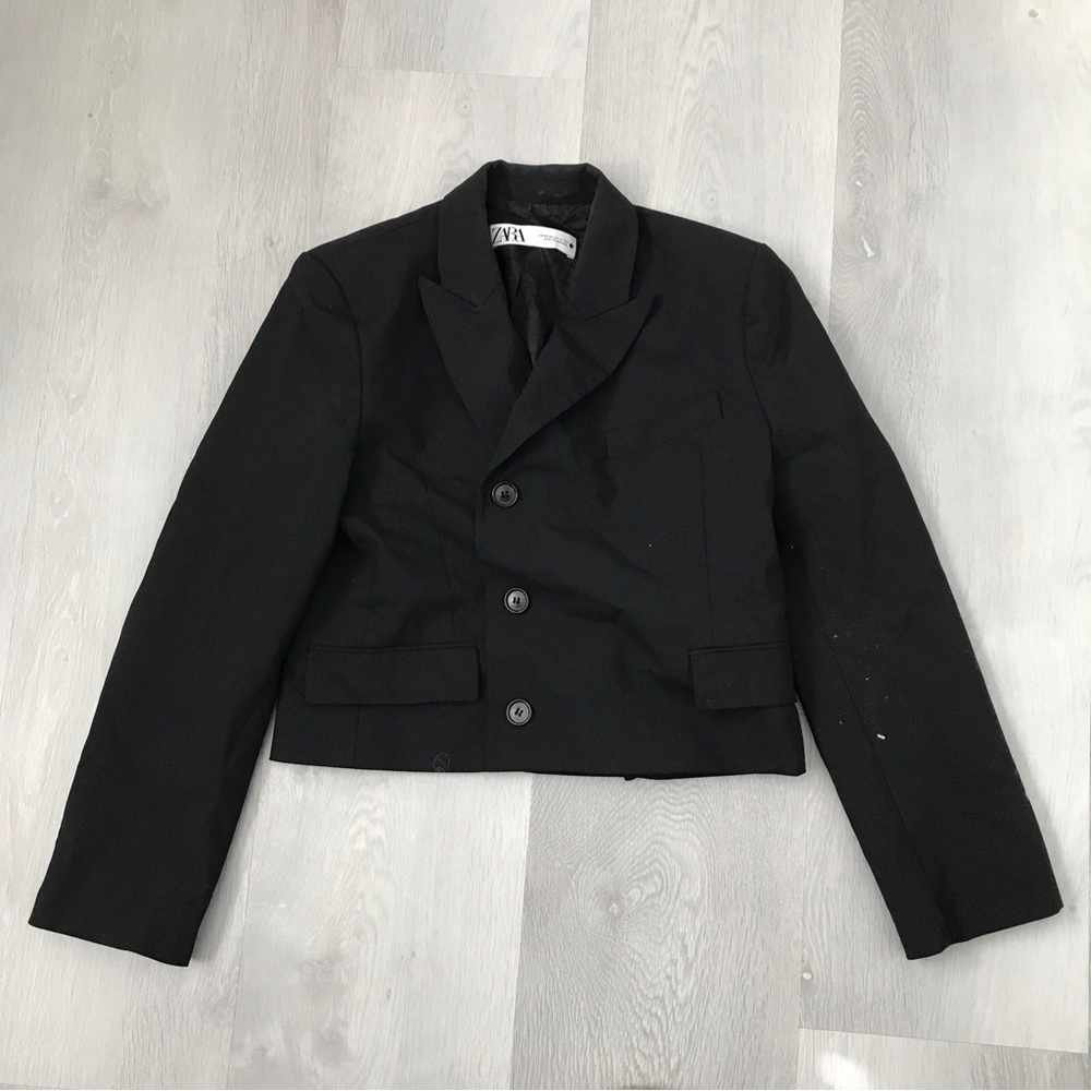 ZARA BLACK CROP BLAZER JACKET THREE BUTTON MILITARY SMALL